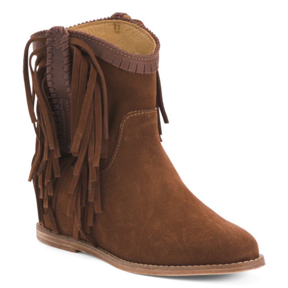 Lucchese Hidden Wedge Brown Suede Fringe Booties - Picture 9 of 11